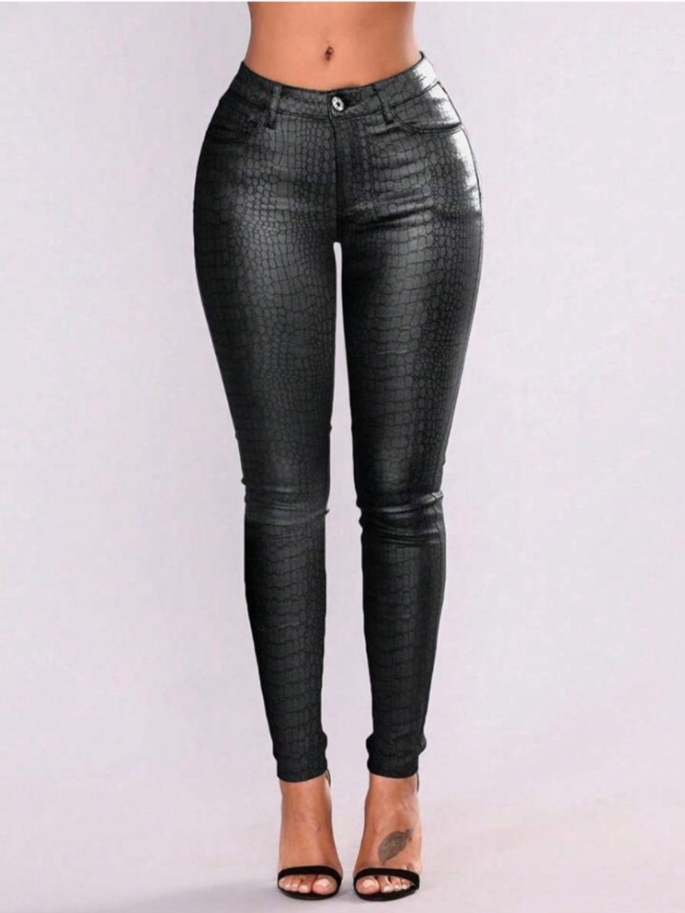 White House Black Market "The Skinny" Mid-Rise Coated Croc-Embossed Jeans.
